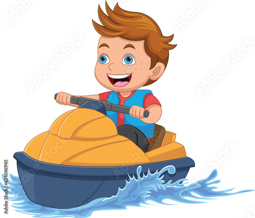 cartoon happy little boy riding a jetski