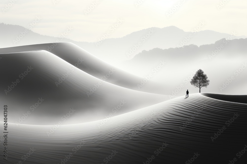 Paysage en noir et blanc, paisible et calme avec des dunes et un arbre, ia