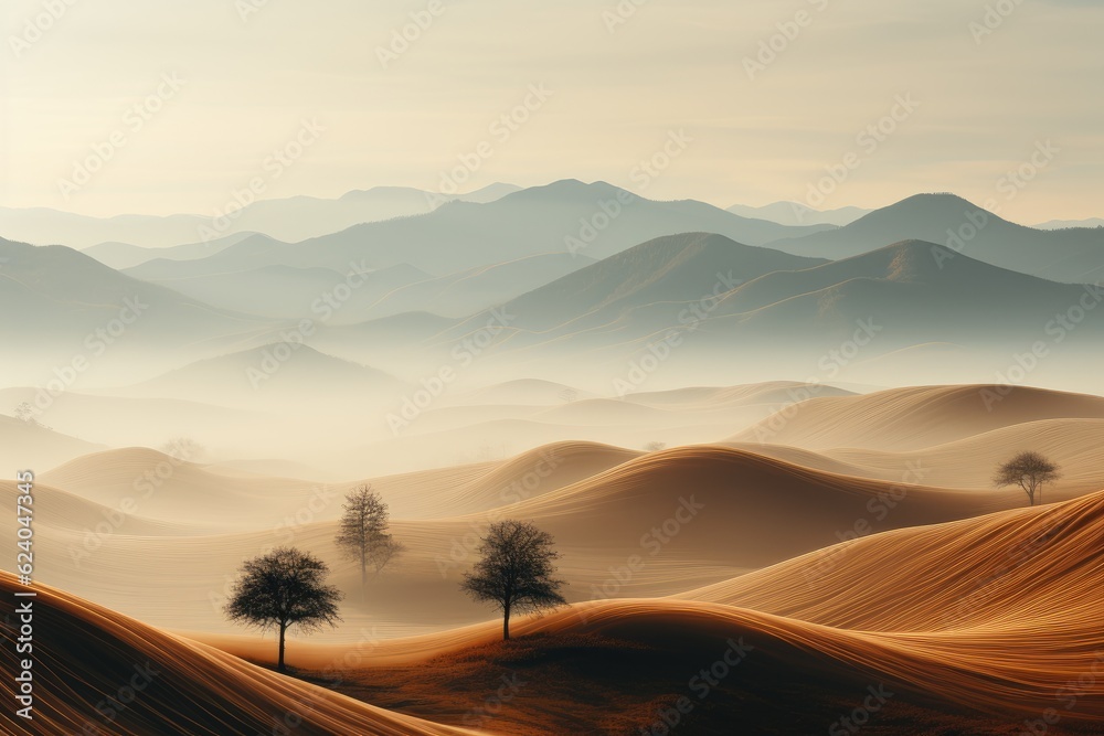 Paysage en couleur, paisible et calme avec des dunes et un arbre, ia Paysage en couleur, paisible et calme avec des dunes et un arbre, ia