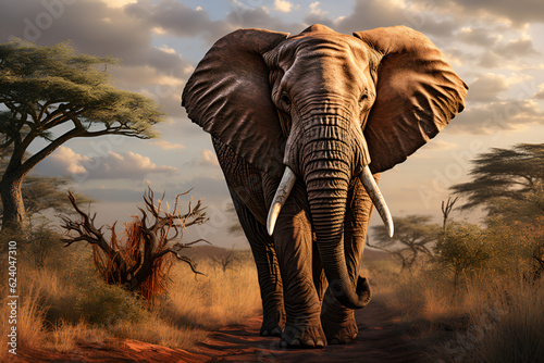 elephant in jungle at sunset. Generative AI. 