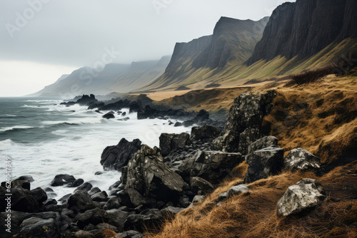 Majestic cliffs towering above the Danish coast beach  their rugged edges contrasting with the soft curves of the shoreline  offering a sense of grandeur and natural beauty