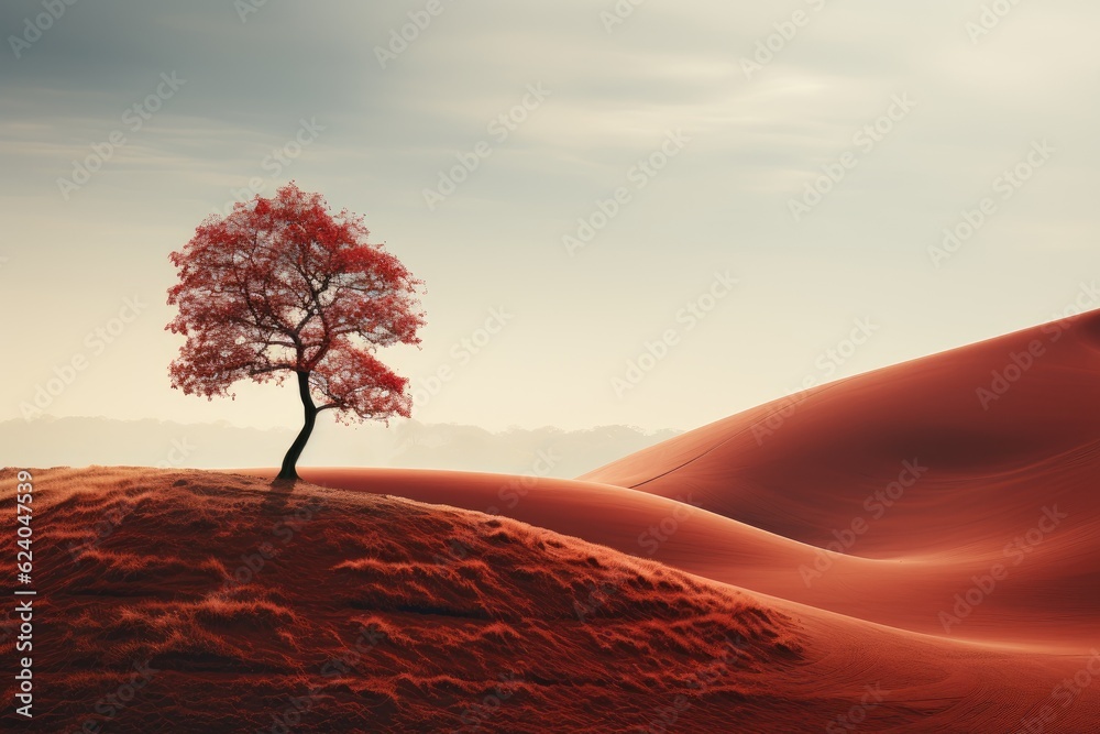 Paysage en couleur, paisible et calme avec des dunes et un arbre, ia