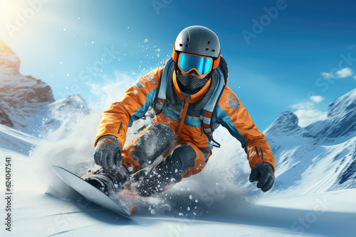Panoramic view of a snowboarder descending a steep, snow-covered mountain, surrounded by towering peaks and a vast expanse of untouched snow, showcasing the beauty and majesty of the winter landscape photo