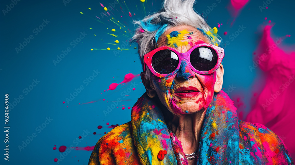 Portrait of elderly woman with colorful paint splashes on blue background. Copy space for text. Generative AI.