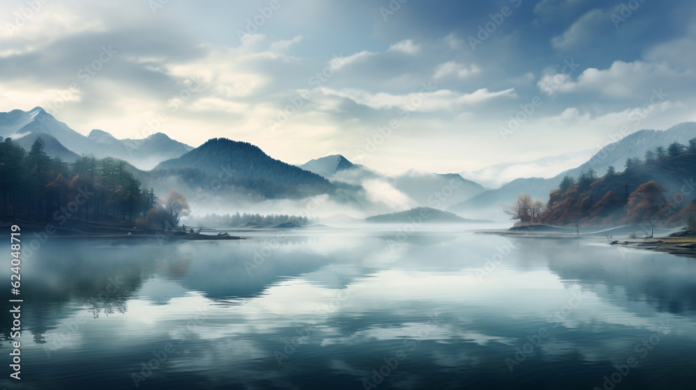 Majestic blue mountain lake with green trees, Generative Ai