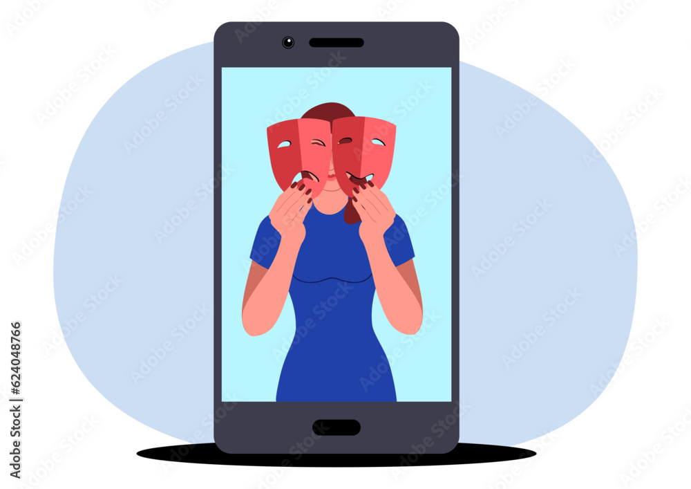 Clip art of a woman holding happy and sad face masks on social media profile, dissemblance, pretend, hypocrite, falsity on social media concepts