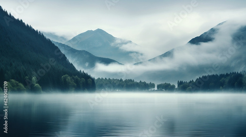 Majestic blue mountain lake with green trees, Generative Ai