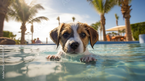 Puppy swims in a pool with palm tree on background, Generative Ai