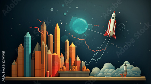Rocket ship and bar chart illustration, Generative Ai