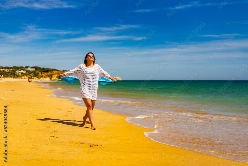 Beautiful woman walking on sunny beach holding shawl
Beautiful woman walking on sunny beach holding shawl