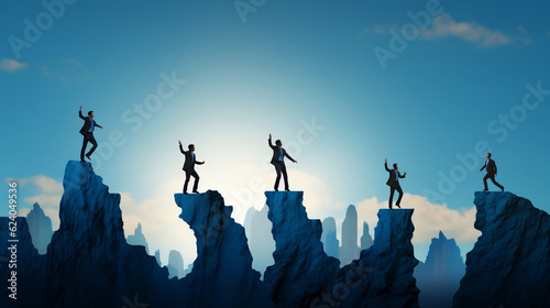 Technology transformation change from 5G to 6G , Silhouette businessman jumping from 5G cliff to 6G cliff on blue sky, Generative Ai