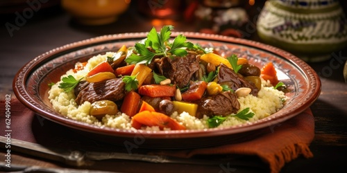  Moroccan Gastronomy Essentials - Family-Sized Plated Couscous with Stew, Vegetables, and Beef - Perfect for Friday Gatherings and Festive Occasions  Generative AI Digital Illustration © Cool Patterns