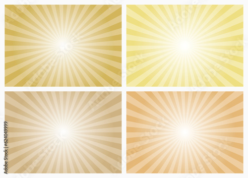 Sun ray vector background set. Radial beam sunrise, sunset light retro design illustration. Light sunburst glowing background.  © cnh