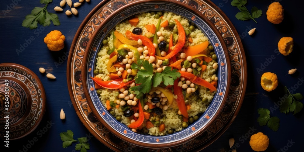   Vegetarian Delight - Homemade Couscous with Fresh Ingredients - Ripe Tomatoes, Crunchy Carrots, Zesty Zucchini, Vibrant Yellow Bell Pepper, and Fragrant Basil Generative AI Digital Illustration