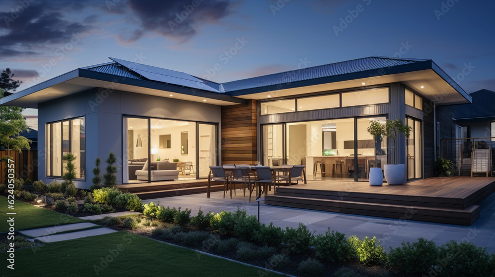 A night time exterior shot of a smart home, showcasing the illumination of smart outdoor lighting and security features. Focus on the glow and spread of light, and the textural details of the architec