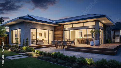 A night time exterior shot of a smart home, showcasing the illumination of smart outdoor lighting and security features. Focus on the glow and spread of light, and the textural details of the architec