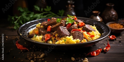 Tunisian Delight - Couscous bil Lham - Spicy Beef and Fragrant Couscous - Bursting with Flavor - A Tunisian Classic - Set on a Dark Wooden Background Generative AI Digital Illustration