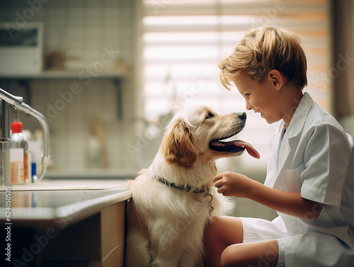 An endearing scene of a young boy, his golden retriever and a vet in a light - filled clinic. Check - up moment, friendly atmosphere