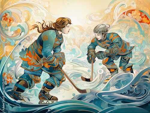 Art Nouveau style illustration of children playing hockey  intricate patterns  cool color palette  abstract icy background