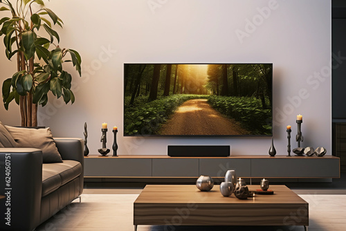 a modern living room illuminated by ambient smart home technology; changing LED lights behind the TV, smart speaker on the side table, thermostat mounted on the wall, IoT devices