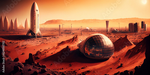 Landscape of the base and rocket launcher settled on Mars, AI generated