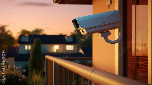 a high - tech smart security camera perched on the edge of a residential building, overlooking a quiet suburban neighborhood during twilight