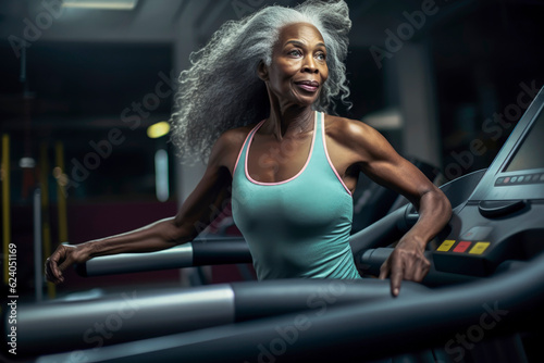Generative AI illustration of old black healthy muscular woman training in gym on treadmill