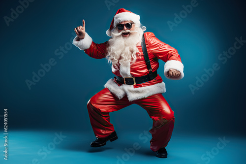 Funky Santa Claus Full-Size Photo of a Fun-Loving, Overweight Santa Claus Dancing at a Christmas Party. created with Generative AI