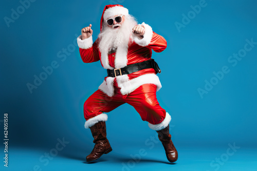 Funky Santa Claus Full-Size Photo of a Fun-Loving, Overweight Santa Claus Dancing at a Christmas Party. created with Generative AI