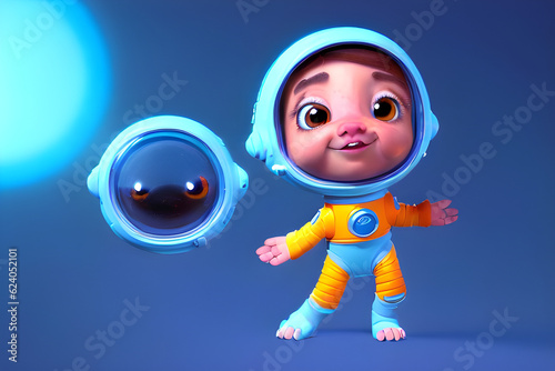 child, cute animal friend character wearing a spacesuit in outer space.
Generative AI