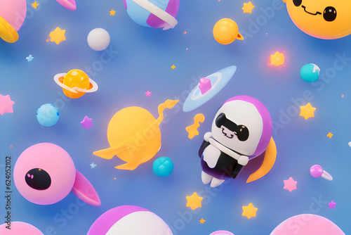 seamless background with easter eggs, cute animal friend character wearing a spacesuit in outer space.
Generative AI