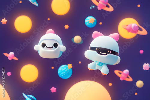 christmas card with snowman, cute animal friend character wearing a spacesuit in outer space.
Generative AI