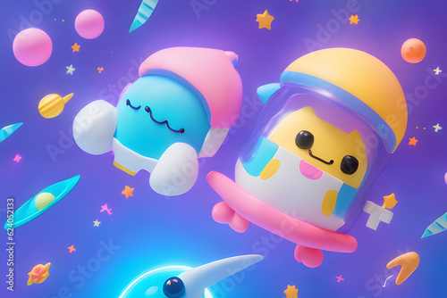 spaceship and moon, cute animal friend character wearing a spacesuit in outer space.
Generative AI