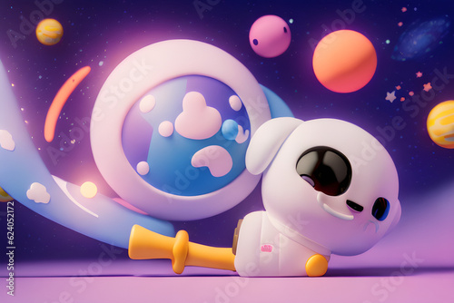 rocket and moon, cute animal friend character wearing a spacesuit in outer space.
Generative AI
