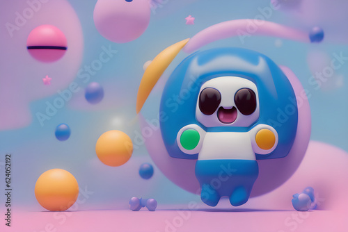3d render of a child playing with balloons, cute animal friend character wearing a spacesuit in outer space.
Generative AI