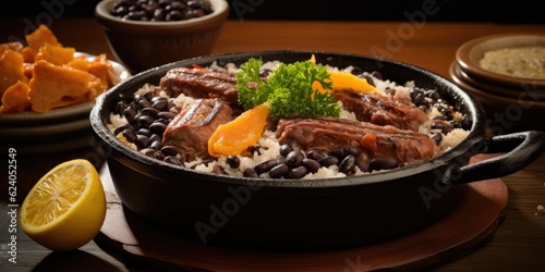 A Rich and Hearty Feijoada Spread - A Flavorful Array of Slow-Cooked Black Beans  Pork  Beef  and Sausages - Garnished with Freshly Chopped Parsley   Generative AI Digital Illustration