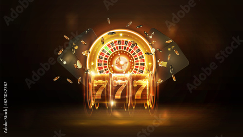 Gold neon shine Casino roulette, slot machine, black playing cards and poker chips on dark blurred background