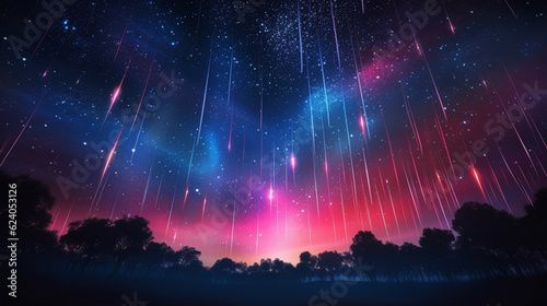 Raining colorful neon light comet meteor phenomenon reminiscent night sky full of stars