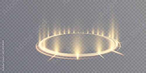 light effect. Golden rays of the night scene with sparks on a transparent background. Empty podium light effect. Disco dance floor. Vector