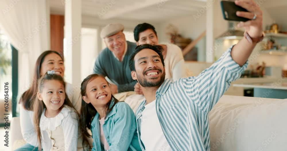 Big family, kids and selfie on sofa in home living room with grandparents, mom and dad with smile together. Men, women and children in house with love, care and bonding for social media photography Big family, kids and selfie on sofa in home living room with grandparents, mom and dad with smile together. Men, women and children in house with love, care and bonding for social media photography