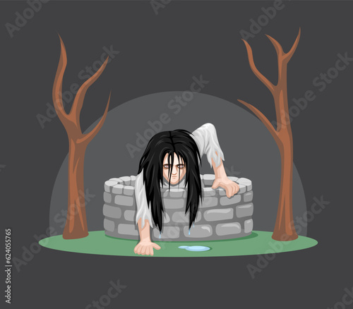 A Ghost Girl Comes Out Of A Haunted Well Cartoon illustration Vector