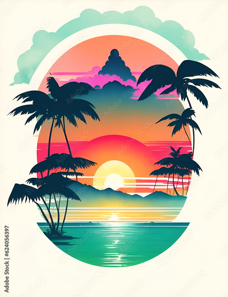 Rising sun. Tropical landscape. AI generated illustration