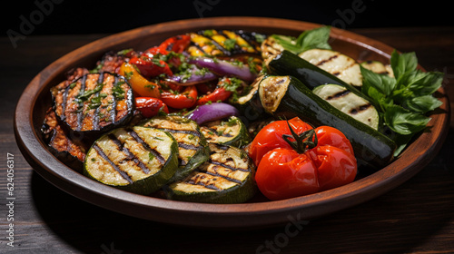 A platter of Mediterranean-style grilled vegetables  including zucchini  bell peppers  and eggplant
