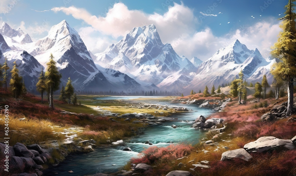  a painting of a mountain landscape with a river running through it.  generative ai