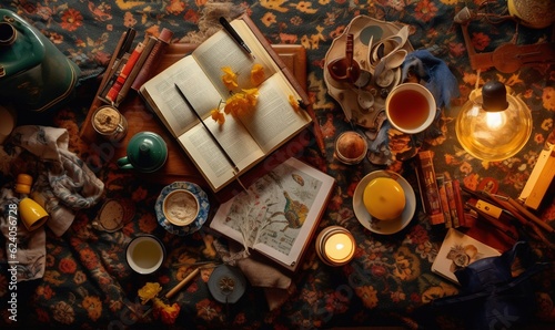  a table topped with books and tea cups and a tea kettle. generative ai