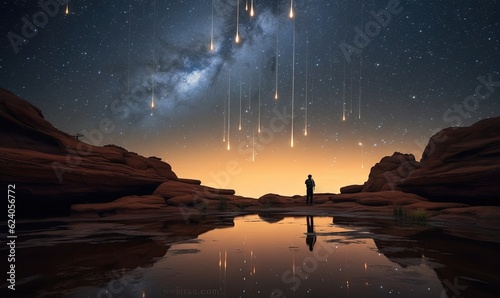  a man standing in the middle of a lake under a night sky filled with stars.  generative ai