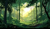  a painting of a green forest with sunlight coming through the trees.  generative ai