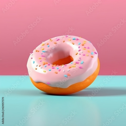 Donut with pink icing and sprinkles on a blue and pink background.Generative AI