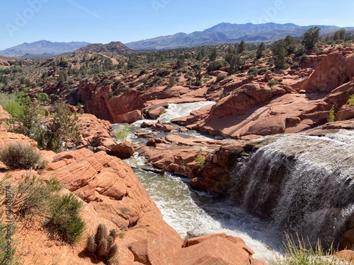 Gunlock Falls, Gunlock State Park, St. George, Utah, USA. Waterfalls, red rocks.  photo