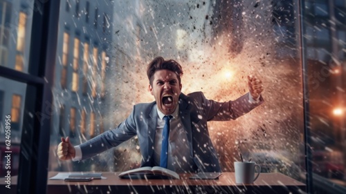 The employee in a large company is very angry after burn out from many work on computer